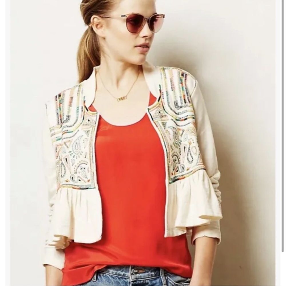 Free People Cream Bomber Jacket with Embellishments